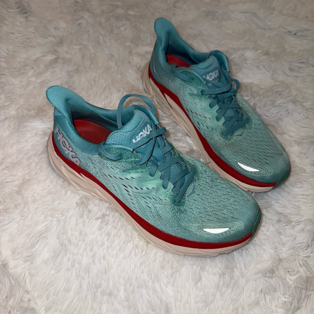 Hoka Teal Aqua Red and White Running Sneakers - Picture 3 of 5